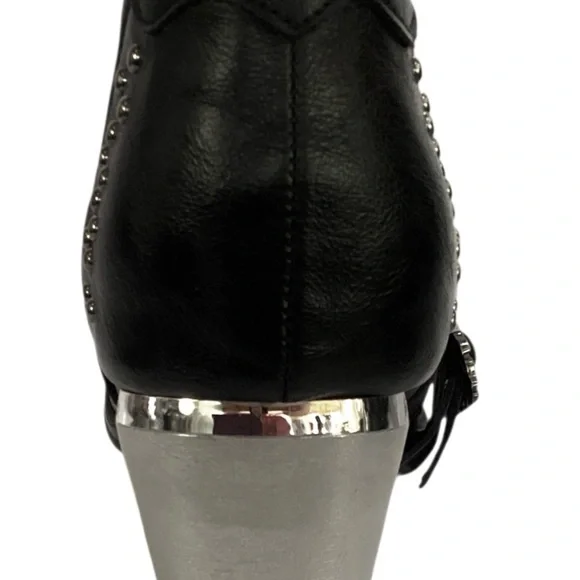 Ankle Boots Women Black Leather Bull Studded Skull Buckle Silver Block Heel Sz 8 - Picture 4 of 6